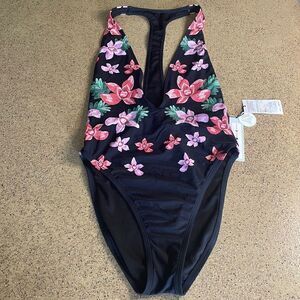 Bikini Lab Love On Trop Plunge Front Tropical Floral One Piece Black swimsuit